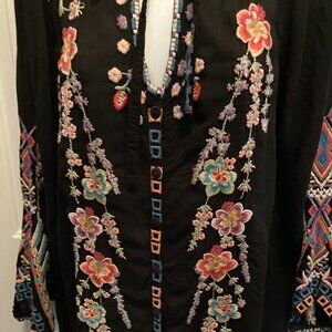 Johnny Was black and floral  tunic top Heavily Embroidered. S EUC